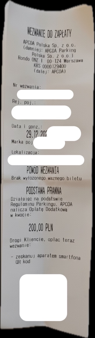 APCOA · brak biletu parkingowego