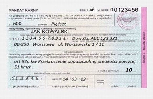 Mandat karny - wzór 
